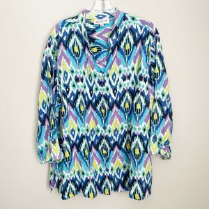 Jones New York Plus Size 3X 100% Linen Ikat Print Button 3/4 Sleeve Shirt